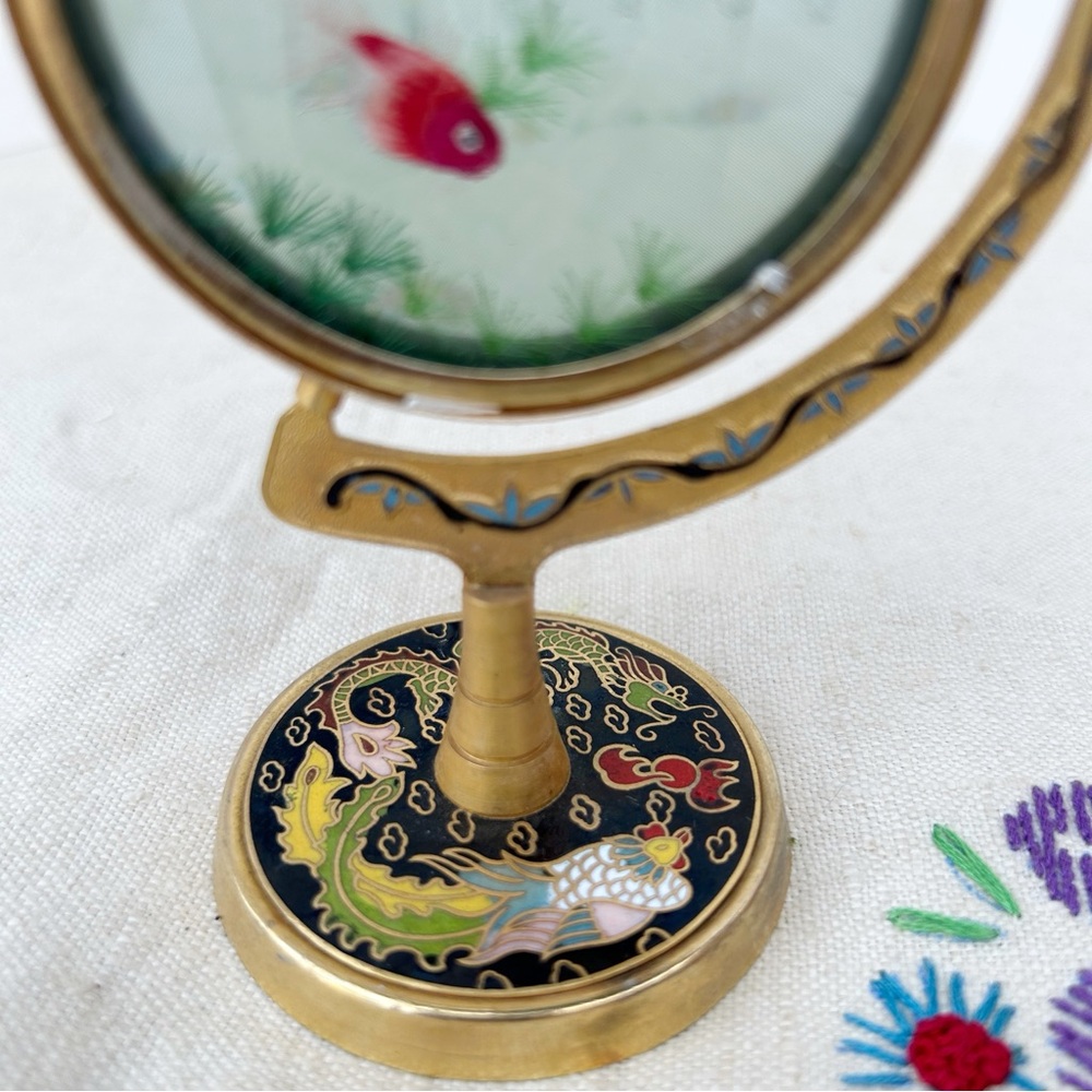 Vintage Chinese Brass Glass Swivel Double Sided Table Top Screen Hand Done Koi - Picture 2 of 5